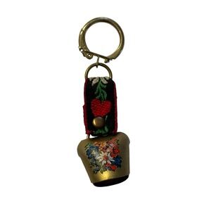 Vintage Swiss Bell Keychain Souvenir Embroidered Heart Floral Trinket Gift